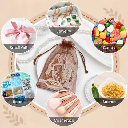 ANZNKU 4x6 Inch Organza Bags 50Pcs, Brown Party Favor Gift Pouches - color: Brown