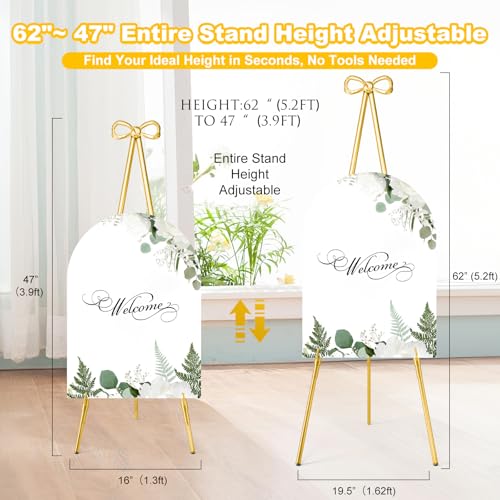 Interchangeable Bow & Star Top Gold Easel Stand for Sign, 62"–47" Height Adjustable Heavy Duty Wedding Easel Stand with 3 Display Modes — Perfect for Welcome Signs, Christmas Decor, Parties & Events