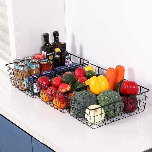 3 Pack Extra Large Wire Basket with Metal Handles, Metal Basket for organizers and storage, Wire Storage Baskets for Pantry, Cabinet, Fridge, Kitchen, Wardrobe, Garage, Bathroom, Black - size: 3PC Extra Large Basket Black