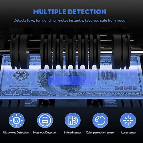Money Counter Machine with Value Count,4" LED Display,Cash Counter for Dollar/Euro with UV/MG/IR/DD Detection, Bill Counting with Count/Add/Batch/Auto Modes,Bill Counter Fast Counting 1,200/Min