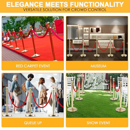LOVMOR 12Pcs Gold Stanchion Posts Queue with 8pcs Red Velvet Rope, Crowd Control Barriers Queue Line Rope, Crowd Control Stanchion for Party Supplies - color: Gold-12pack