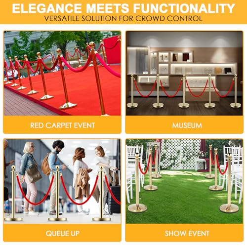 LOVMOR 12Pcs Gold Stanchion Posts Queue with 8pcs Red Velvet Rope, Crowd Control Barriers Queue Line Rope, Crowd Control Stanchion for Party Supplies - color: Gold-12pack