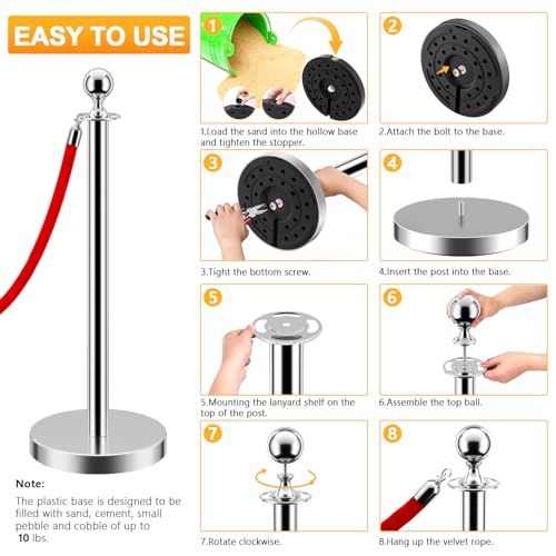 LOVMOR Crowd Control Stanchion, 12Pcs Silver Stanchion Posts Queue with 8pcs 5 ft/1.5 m Red Velvet Rope, Rope Barriers Crowd Control Barriers Queue Line for Hotel Theater Party Supplies - color: Silver-12pack
