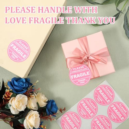 300 PCS Pink Fragile Stickers for Shipping, 2 inch Pink Round Fragile Labels Cute Sticker, Round Sticker for Shipping Handle with Care Thank You Label for Mailing Envelops Cartons Pallets