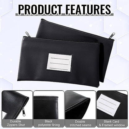 Paterr 6 Pcs Money Bags with Zipper PU Leather Deposit Bank Bag Security Money Pouch Receipt Holder Bank Pouch Wallet with Label for Cash Coin Makeup Cosmetics Bills Tickets, 11 x 6 Inch(Black) - color: Black