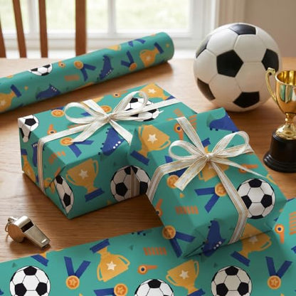 RUSPEPA Soccer Wrapping Paper Roll, Mini Roll, Football Trophy, Medal, Whistle & Cleats Design Gift Wrap Paper for Kids, Boys, Sports Fans, Team Celebration, Football Party, 17 Inches x 16.4 Feet - color: Soccer Trophy & Medal
