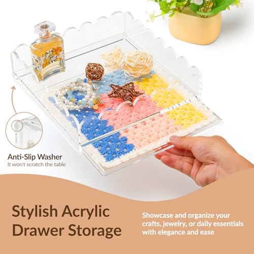 Acrylic Trays for Needlepoint 5" x 5", Scalloped Acrylic Tray with Drawer for Insert Needlepoint, Photos, Art, Fabric, Napkin, Messages Display Basket, Decorative Tray Gift for Home Office - size: 5''x5''x2''