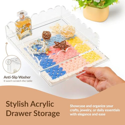 Acrylic Trays for Needlepoint 5" x 5", Scalloped Acrylic Tray with Drawer for Insert Needlepoint, Photos, Art, Fabric, Napkin, Messages Display Basket, Decorative Tray Gift for Home Office - size: 5''x5''x2''
