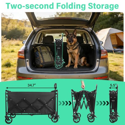 Upgraded Heavy Duty Foldable Wagon – 550LBS Capacity, All-Terrain Wheels & Brakes, Large Collapsible Cart for Beach, Camping, Grocery & Sports (Black) - color: Black_550lbs