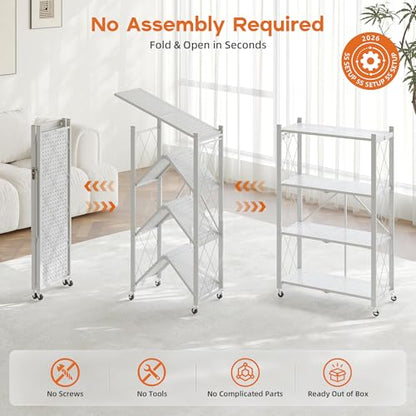 Fenbeli 4-Tier Folding Metal Storage Shelves with Wheels, 600 lb Capacity - color: White, size: 4 Tier