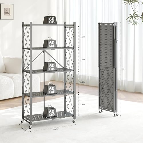 Fenbeli 5-Tier Folding Metal Storage Shelves with Wheels, 750 lb Capacity - color: Grey, size: 5 Tier