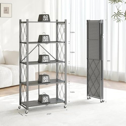 Fenbeli 5-Tier Folding Metal Storage Shelves with Wheels, 750 lb Capacity - color: Grey, size: 5 Tier