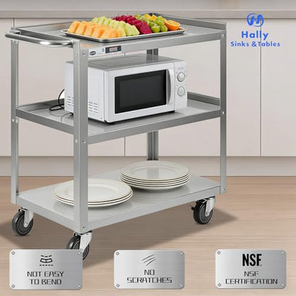 Hally Stainless Steel Utility Cart 3 Tier NSF Rolling Carts 31" Lx19 Wx34 H - size: 19''x31''x34''