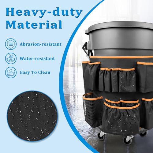 HODRANT Trash Can Caddy Bag with 13 Pockets Fit 32-55 Gallon Garbage Bin - color: Black with orange edge