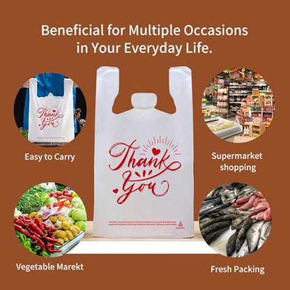 300 Pack Upgraded White Thank You T-Shirt Bags - 11.5"x6.5"x21" Reusable Grocery Bags with Handles, Eco-Friendly Retail Packaging for Supermarket & Small Business