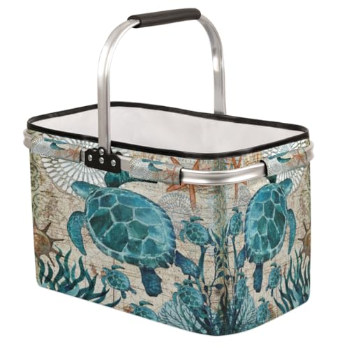 Picnic Basket, Collapsible Leakproof Shopping Basket 40L Large Market Basket with Handles Reusable Folding Grocery Basket - color: Turtle