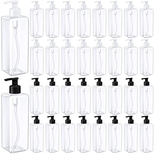 Zubebe 32 Pcs 16 oz Empty Plastic Pump Bottles Lotion Bottles with Pumps Clear Square Lotion Dispenser Refillable Shampoo Container for Massage Oil Liquid Soap Face Cream Moisturizer(White, Black) - color: White, Black