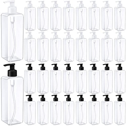 Zubebe 32 Pcs 16 oz Empty Plastic Pump Bottles Lotion Bottles with Pumps Clear Square Lotion Dispenser Refillable Shampoo Container for Massage Oil Liquid Soap Face Cream Moisturizer(White, Black) - color: White, Black