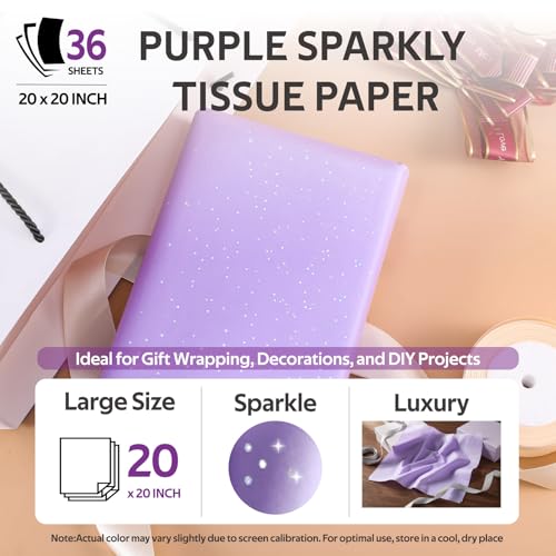 SUNCOLOR 36 Sheets Sparkly Purple Tissue Paper for Gift Bags, 20 x 20 inch Wrapping Paper for Gifts, Crafts, Bags, Packaging - color: Purple