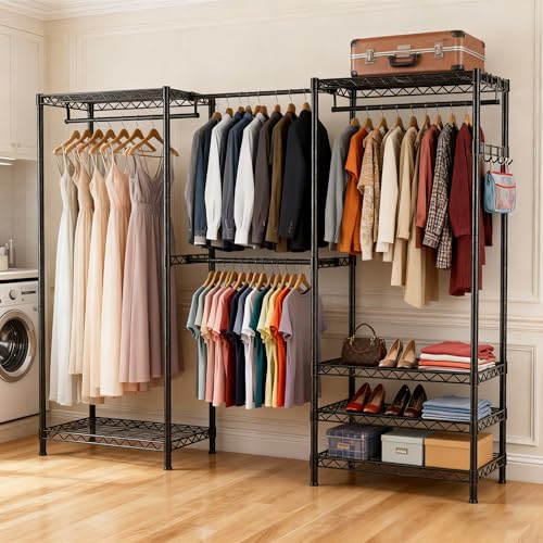 Heavy Duty Closet Garment Rack, Metal Clothes Racks Wardrobe with Shelf - color: Black
