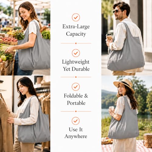Reusable Grocery Bags 6 Pack, Foldable Shopping Bags with Pouch, Heavy Duty 50 LBS, Machine Washable Travel Totes - color: Gray
