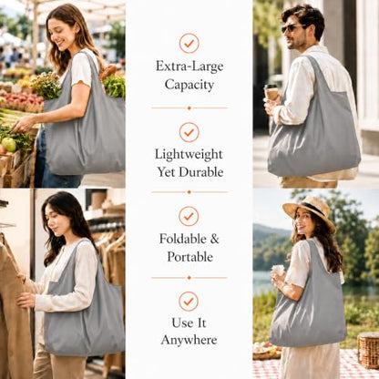 Reusable Grocery Bags 6 Pack, Foldable Shopping Bags with Pouch, Heavy Duty 50 LBS, Machine Washable Travel Totes - color: Gray