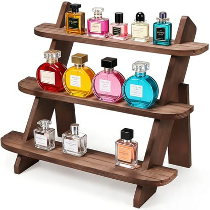 3 Tier Wooden Display Stand Wood Cupcake Stands Tool Free, Rustic Risers Dessert Retail Table Display Shelf Spice Rack Organizer Holder,Large Makeup Cologne Perfume Organizer,Figure Collectible Shelf