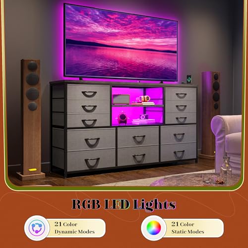 EnHomee Dresser for Bedroom with LED Lights & Charging Station - color: Grey