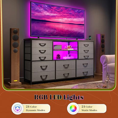 EnHomee Dresser for Bedroom with LED Lights & Charging Station - color: Grey