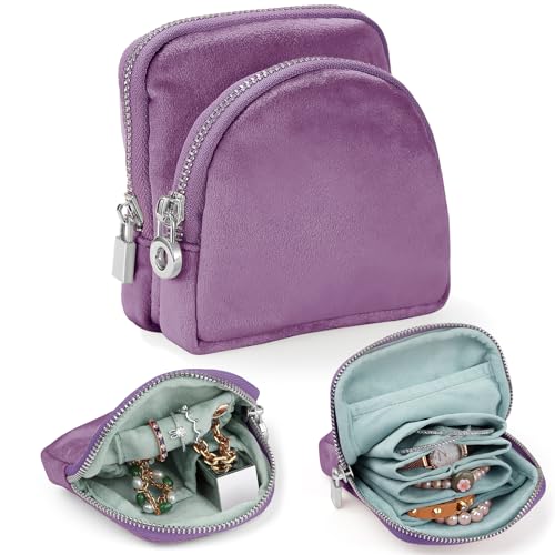 Small Travel Jewelry Case 2-in-1 Detachable Velvet Jewelry Bag Set - color: Lavender Purple
