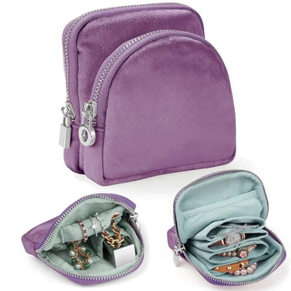 Small Travel Jewelry Case 2-in-1 Detachable Velvet Jewelry Bag Set - color: Lavender Purple