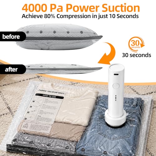 Vacuum Storage Bags with Rechargeable Air Pump, 6 Combo Vacuum Bags for Travel, Space Saver Plastic Packaging Bags for Clothes, Blankets, Pillow, Bedding, Luggage