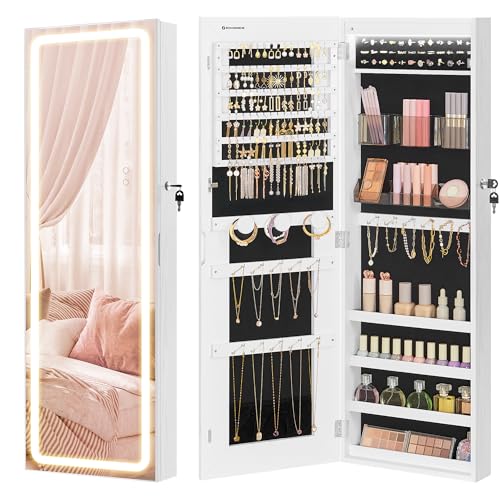SONGMICS Mirror Jewelry Cabinet Armoire, Wall or Door Mounted, LED Mirror - color: White, style: 42.5-Inch with Smart Mirror Pro
