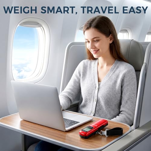 BAGAIL Digital Luggage Scale, 110lbs Hanging Baggage Scale with Backlit LCD Display, Portable Suitcase Weighing Scale, Travel Luggage Weight Scale with Hook, Strong Straps for Travelers - color: Dark Red Battery Free