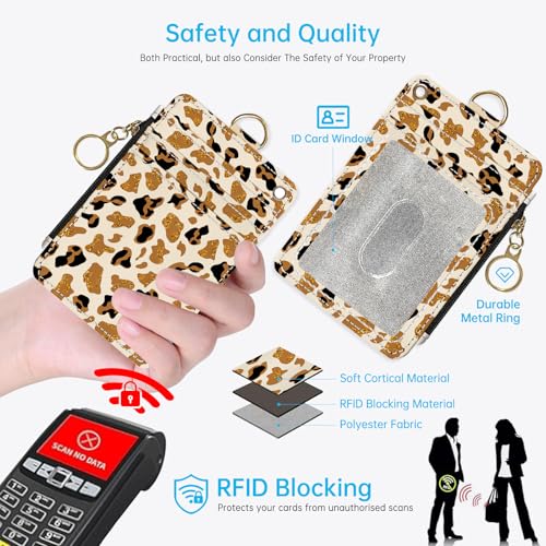Golden Leopard Print 2-in-1 ID Badge Holder & Lanyard Wallet for Teachers,Nurse,Professionals-Cute Zippered Coin Pouch,Removable Wristlet & Neck Lanyard,5 Card Slots Stylish Work Essential - color: Golden Leopard Print