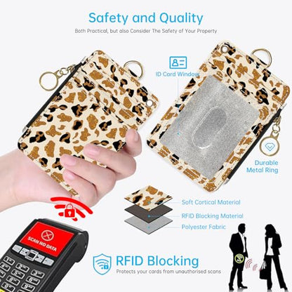 Golden Leopard Print 2-in-1 ID Badge Holder & Lanyard Wallet for Teachers,Nurse,Professionals-Cute Zippered Coin Pouch,Removable Wristlet & Neck Lanyard,5 Card Slots Stylish Work Essential - color: Golden Leopard Print