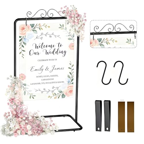 Garvee Adjustable Welcome Sign Stand - 54 inch & 69 inch Height | Sturdy Metal Sign Holder for Wedding, Birthday, Party, Guest Book | Includes 2 Pairs Leather Straps (Black