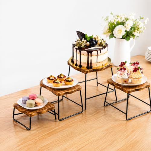ZENFUN 4 Piece Wood Buffet Risers, Dessert Table Risers Food Display Riser, Pizza Pan Riser, Cupcake Stand & Wood Display Risers, Nesting Food Platter and Plate Holder