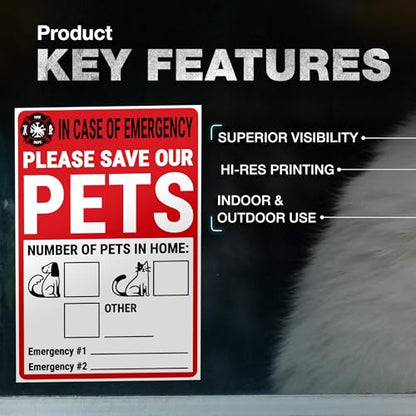 Pet Alert Safety Fire Rescue Sticker, 4 x 6 Inch Adhesive Vinyl, 4 Pack
