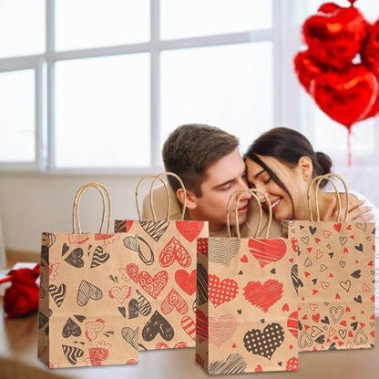 piqiya 24pcs Valentine Gift Bags Bulk,Kraft Paper Gift Bag with Handle,Valentines Gift Bags for Gift Wrapping,Anniversary,Valentine‘s Day Party - color: mix heart