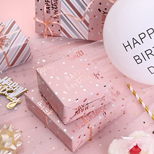 LeZakaa Reversible Pink Birthday Wrapping Paper Roll for Girls Women, Happy Birthday Lettering & Stripe Pattern with Metallic Foil in Pink, Mini Roll, 17 inches x 32.8 Feet (46.45 sq.ft.) - color: Birthday - Metallic Pink, size: 17" X 32.8 ft