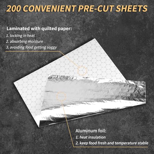 12" x 14" Pre-Cut Insulated Sandwich Wrap Paper with Stickers, 200 Pack Aluminum Foil Sheets for Wrapping Hamburger, Taco, Hot-dog and Burrito, Laminated with Paper, Grease-Resistant
