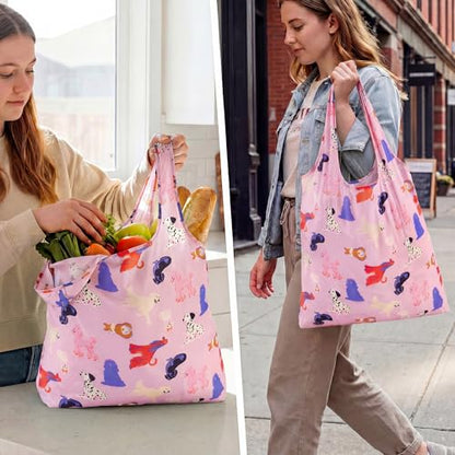 Stelle Lightweight Reusable Grocery Bag with Handles Ripstop Nylon Foldable Tote Shopping Bags for Travel and Groceries - color: Puppy Parade|pink