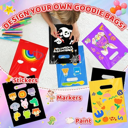VieFantaisie 50 PCS Black Party Favor Bags, 8" x 11" Goodie Bags for Candy Treat Craft Easter Egg, Plastic Gift Bag with Die Cut Handles for Birthday Party, School Events & Small Business, Wedding - color: Black-50PCS-8x11Inch