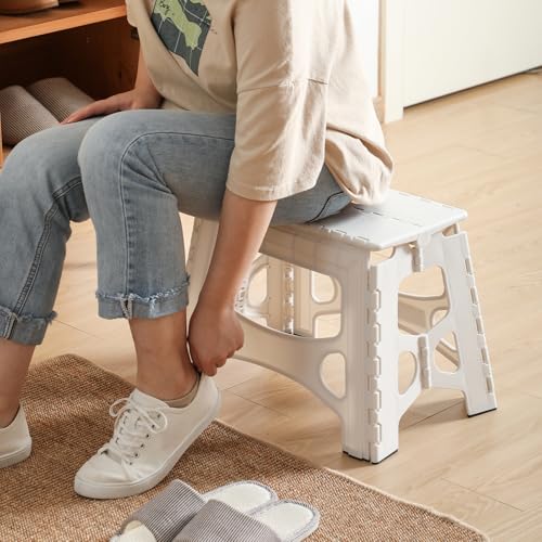 Folding Step Stool, 13IN Step Stool for Adults, Collapsible Camping Stool for Indoor and Outdoor Use, Picnic, White