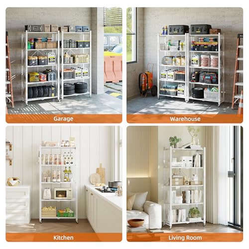 Fenbeli 5-Tier Folding Metal Storage Shelves with Wheels, 750 lb Capacity - color: White, size: 5 Tier