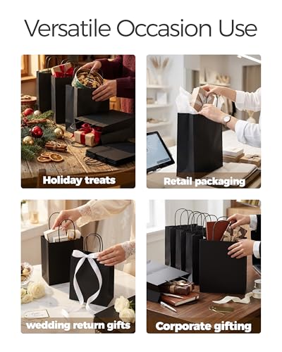 SUNCOLOR 25-Pack Black Gift Bags with Handles, 8x4.5x10 Inch Medium Kraft Paper Bags for Party Favors, Retail, Halloween, Weddings - color: Black