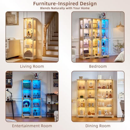 LELELINKY Farmhouse Narrow Glass Display Cabinet with Doors - color: Natural, size: 4 Pack