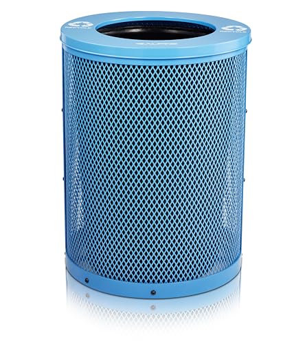 Alpine Outdoor Trash Can 36 Gallon Diamond Steel Commercial Metal Waste Bin with Leak Proof Liner, Heavy Duty Steel Mesh Design, Flat Wide Open Top Lid for Parks, Streets, and Public Spaces-Blue