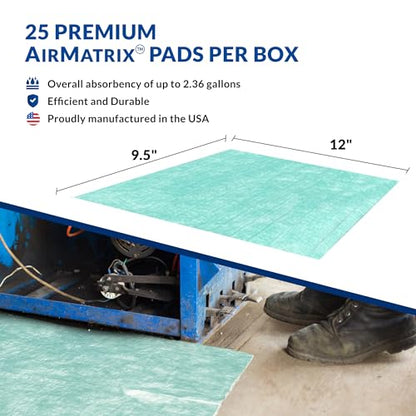 Spilfyter Air Matrix Universal Absorbent Pads - Premium Oil, Water, and Coolant Spill Pads with SpilLock Technology - Box of 25 Pads, 9.5" x 12" Green